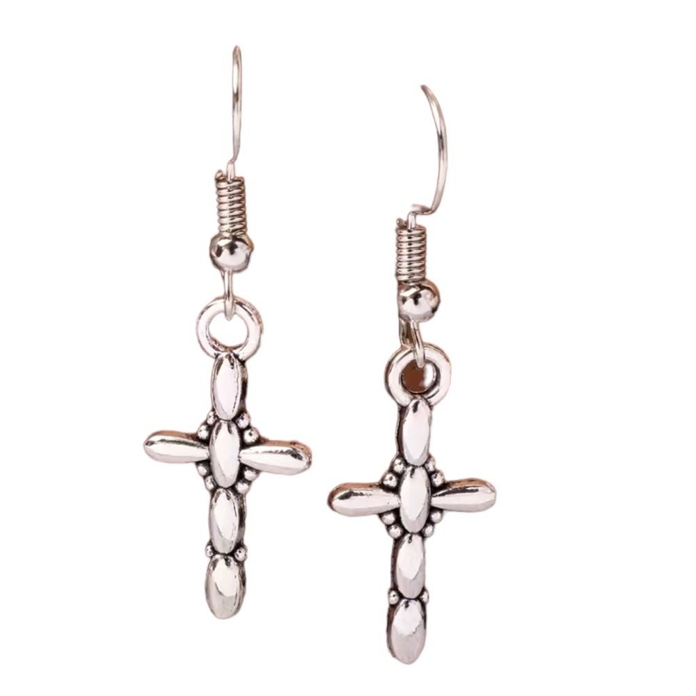 Silver Christian Cross Design Drop Earrings - Picture 2 of 4